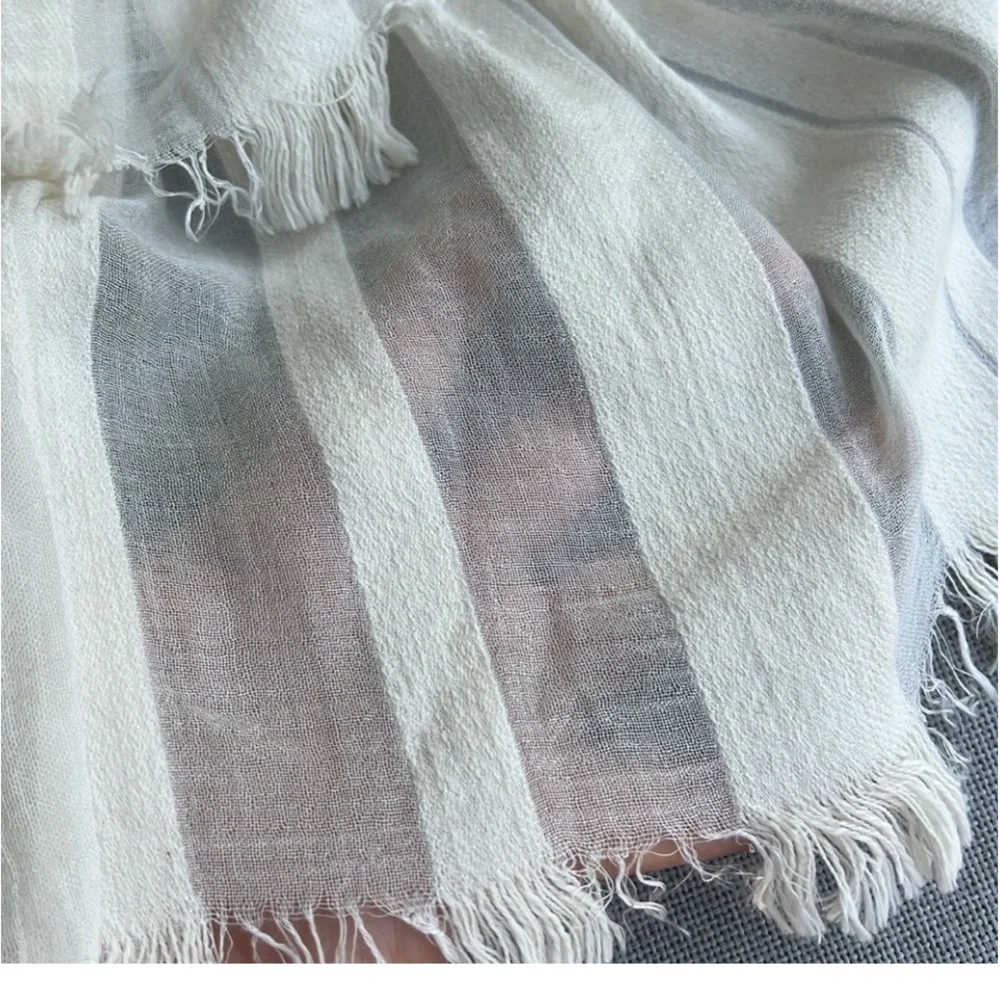 VINCE Large PASHMINA SCARF sheer stripe  cotton modal cashmere LIGHT Ivory